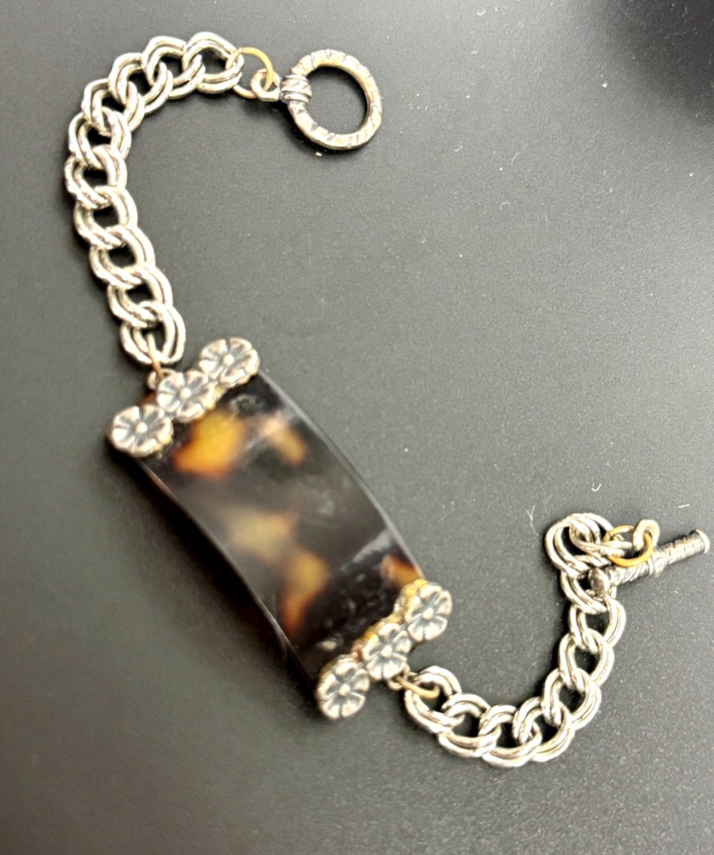 Vintage Faux Tortoise shell Pattern Panel Bracelet Floral Silver Tone Toggle 7"